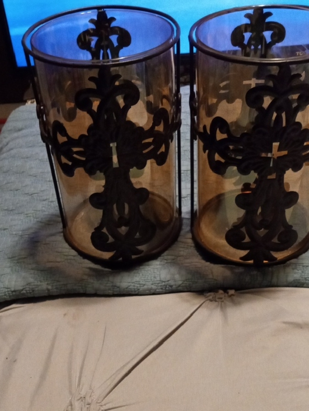 Source Unknown Amber Glass Hurricane Candle Holders with Black Filigree